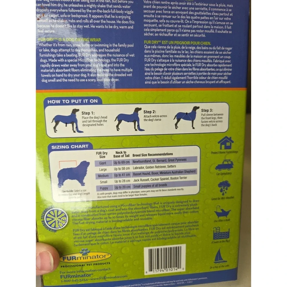 FURminator FURDRY TOWEL Dog Pet Grooming Bathing Blue XS